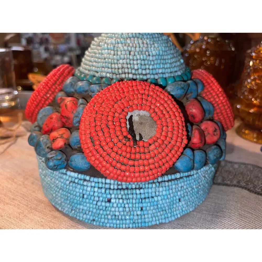 Antique Tibetan Ceremonial Beaded Headdress/Hat  - As Is
